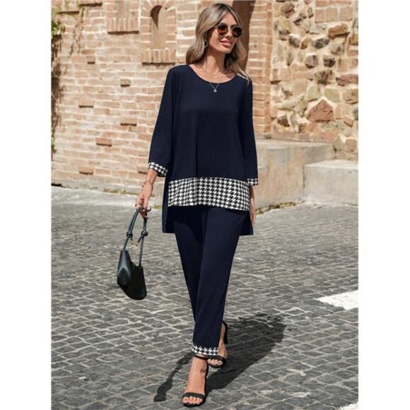2pcs Women Casual Elegant Houndstooth Patchwork Loose Top And Pants Set, Autumn - Picture 1 of 5